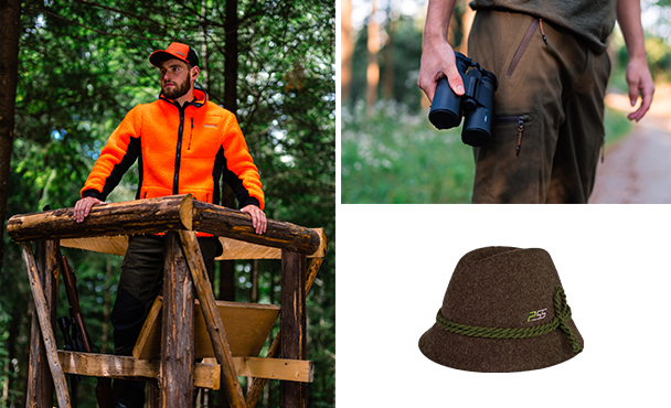 Collage mit drei Motiven zur Jagd: links steht ein Mann in oranger Jagdjacke auf einem Hochsitz im Wald, rechts oben hlt jemand ein Fernglas in der Hand, unten ist ein brauner Jagdhut mit grnem Band abgebildet.